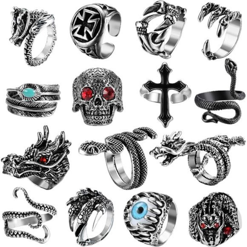15Pcs Vintage Punk Rings Snake Ring Dragon Open Rings Set